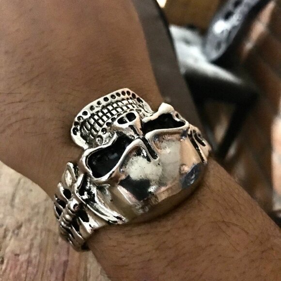 Skull Cuff Bracelet Mens Heavy Biker Silver Rock Goth Mans Moto Gothic Punk Big - Picture 6 of 7